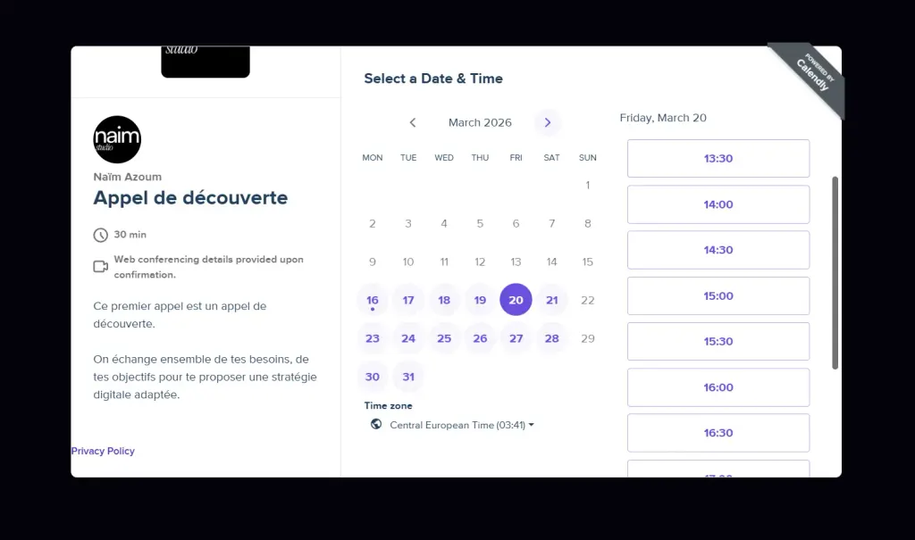 La page de prise de rendez-vous Naimstudio, avec le calendrier des créneaux disponibles