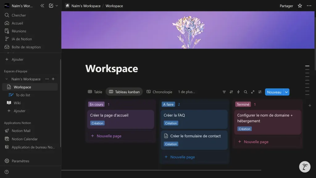 L’espace de suivi de projet partagé dans Notion